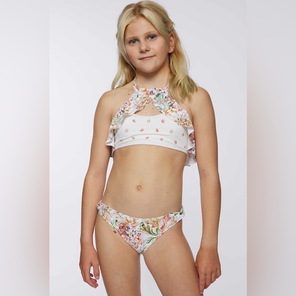 New O'Neill Girls' Arden Floral Ruffle High Neck Bikini Swimsuit
